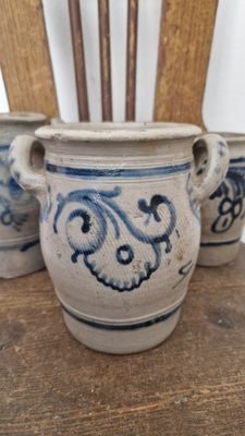 BEAUTIFUL EARLY 1800 ANTIQUE STONEWARE JAM CROCK FOR TABLE USE POT COBALT BLUE POTTERY JAR