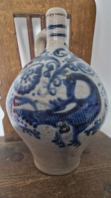 MUSEUM QUALITY 1700s BIRD &amp; RICH FLOWER DESIGN ON ANTIQUE STONEWARE COBALT BLUE OVOID JUG JAR SALT GLAZED