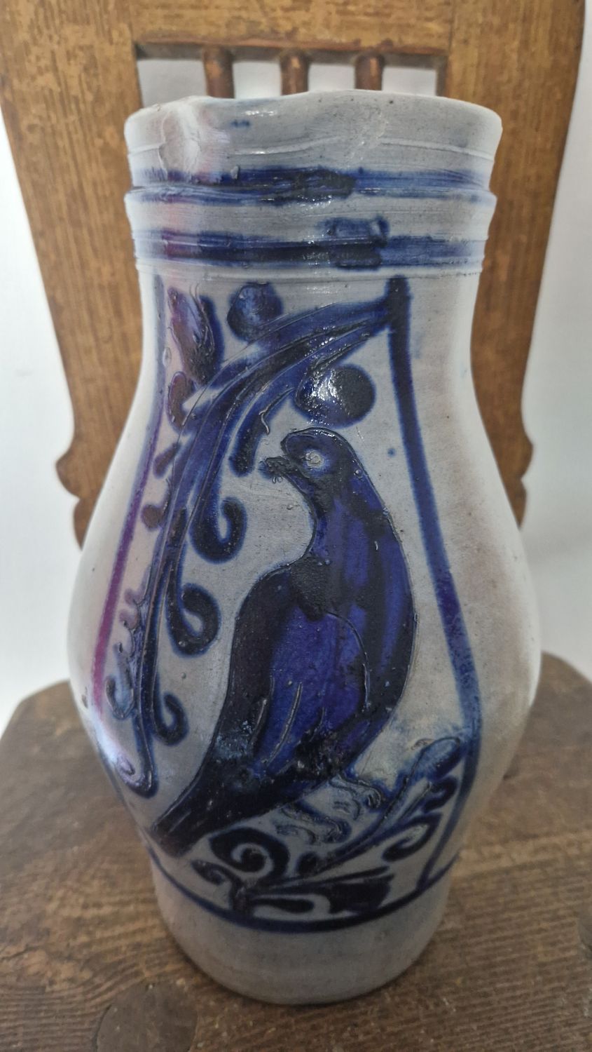 1880 ANTIQUE STONEWARE PITCHER COBALT BLUE INCISED BIRD AND FLOWERS DESIGN JAR PRIMITIVE SALT GLAZED