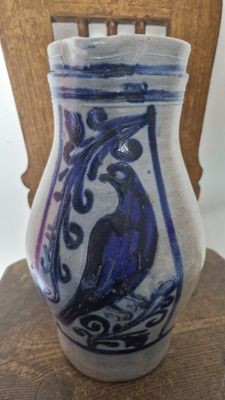 1880 ANTIQUE STONEWARE PITCHER COBALT BLUE INCISED BIRD AND FLOWERS DESIGN JAR PRIMITIVE SALT GLAZED