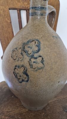 1700s RARE EARLY LARGE ANTIQUE OVOID JUG WITH COBALT BLUE INCISED CROSSES DESIGN PRIMITIVE OLD FOLK ART