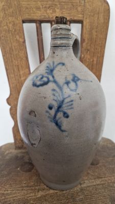 ABSOLUTELY CHARMING COBALT BLUE ROSE FLOWER ON 13&quot; ANTIQUE STONEWARE 1800 OVOID JUG OLD FARM POTTERY SALT GLAZED