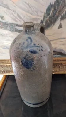 CA 1830 LARGE ANTIQUE STONEWARE JUG COBALT BLUE FLASK BOTTLE PRIMITIVE CROCK JAR RARE SUN DECO