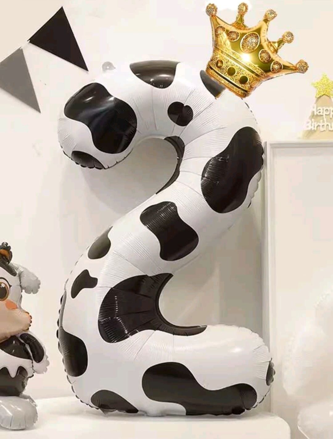 Globo De Número 2 De Aluminio Con Patrón De Vaca Y Corona De 40 Pulgadas Para Fiestas Temáticas De Animales De Granja, Ducha De Bebé Y Cumpleaños  Suministros De Decoración.