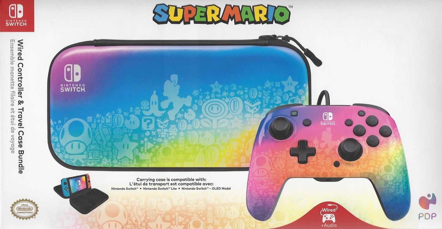 Nintendo Switch PDP Controller and Travel Case Bundle - Mario Star Spectrum