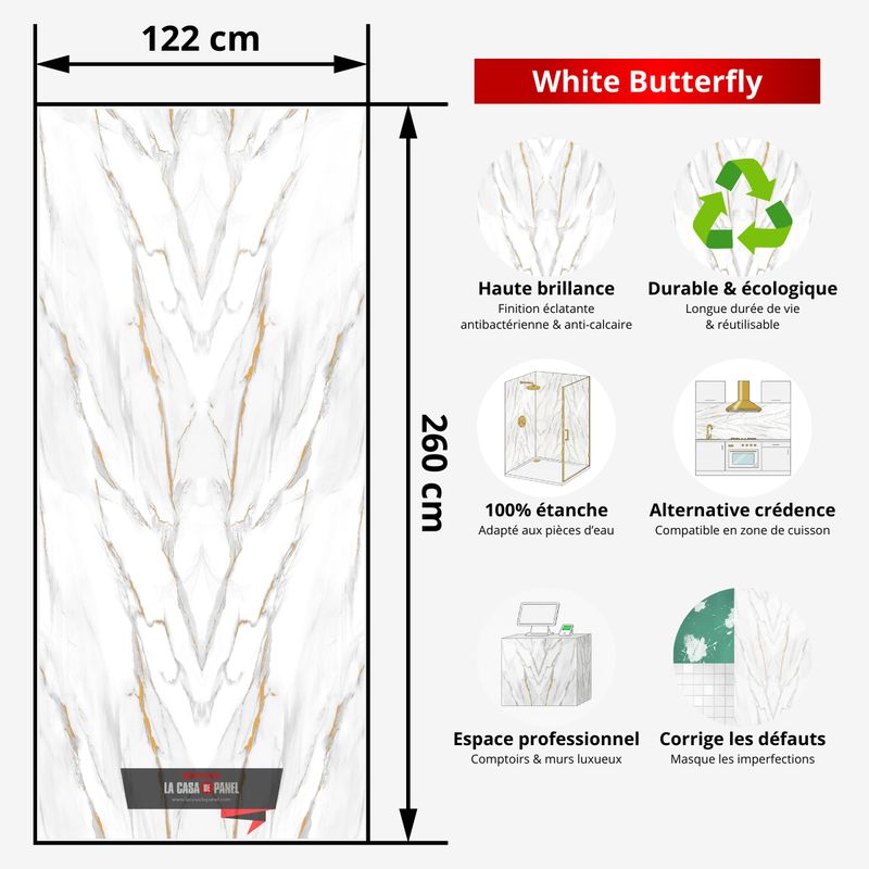 White Butterfly | Panneau de marbre 3D Blanc Brillant avec Or | 260x122x0,2cm