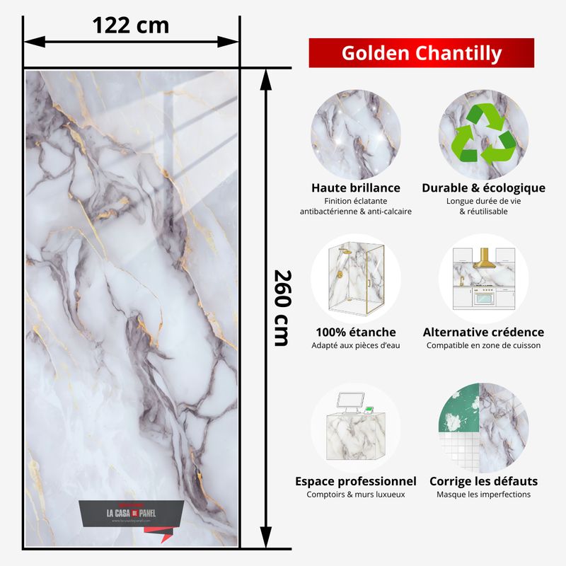 Golden Chantilly | Panneau de marbre 3D Blanc et Gris Brillant avec Or | 260x122x0,2cm