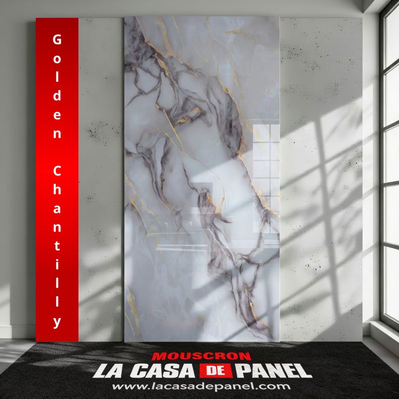 Golden Chantilly | Panneau de marbre 3D Blanc et Gris Brillant avec Or | 260x122x0,2cm