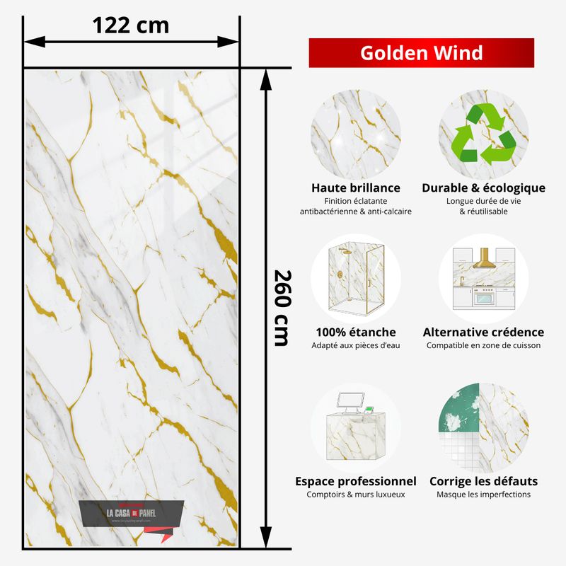 Golden Wind | Panneau de marbre 3D Blanc Brillant avec Gris et Or | 260x122x0,2cm