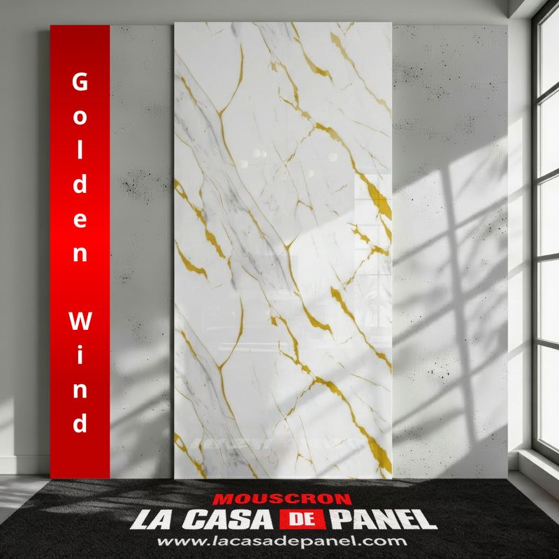 Golden Wind | Panneau de marbre 3D Blanc Brillant avec Gris et Or | 260x122x0,2cm