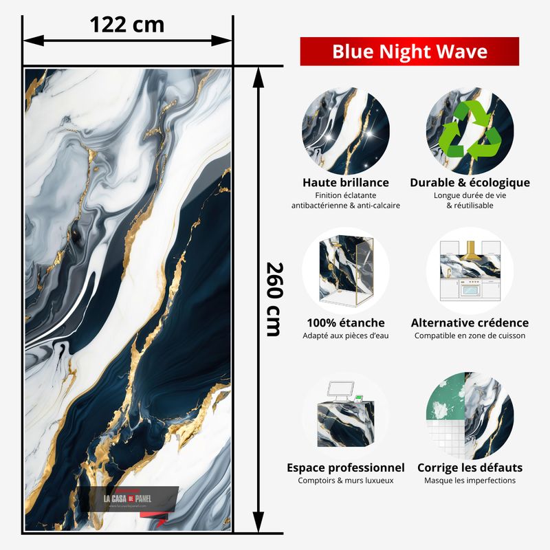 Blue Night Wave | Panneau de marbre 3D Bleu nuit Brillant avec Blanc et Or | 260x122x0,2cm
