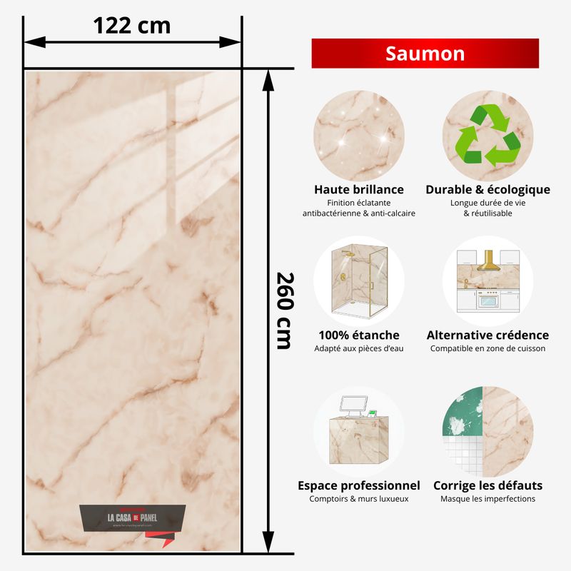 Saumon | Panneau de marbre Rose Saumon Brillant  | 260x122x0,2cm