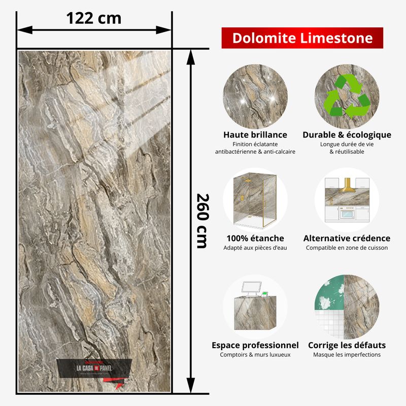 Dolomite Limestone | Panneau de marbre Marron Brillant avec jaune | 260x122x0,2cm