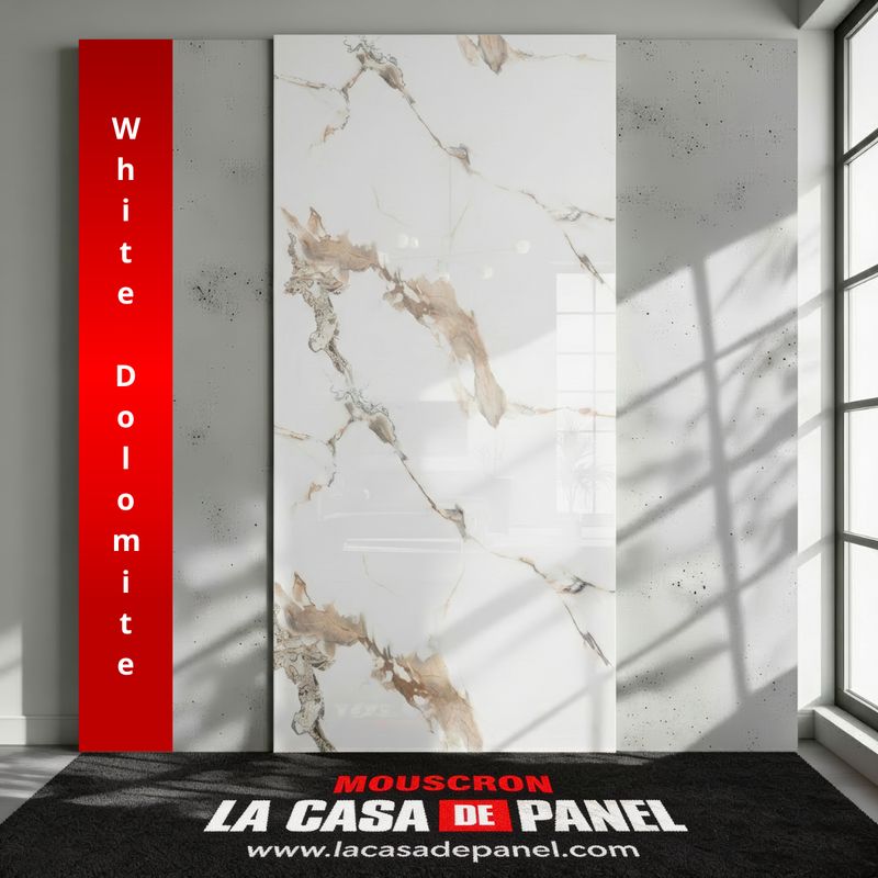 White Dolomite | Panneau de marbre Blanc Brillant avec Marron & Gris | 260x122x0,2cm