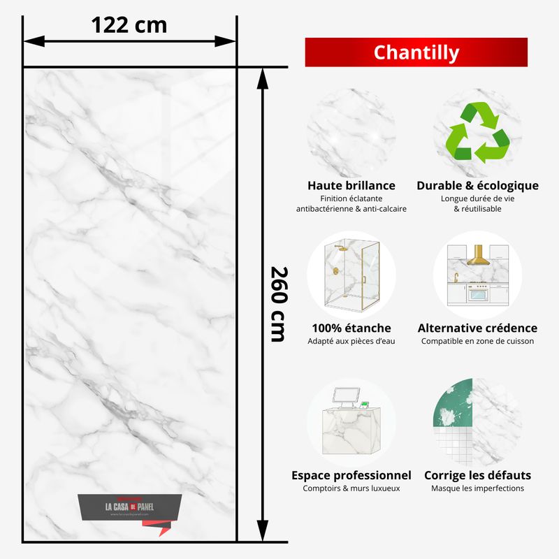 Chantilly | Panneau de marbre Blanc Brillant avec Gris | 260x122x0,2cm