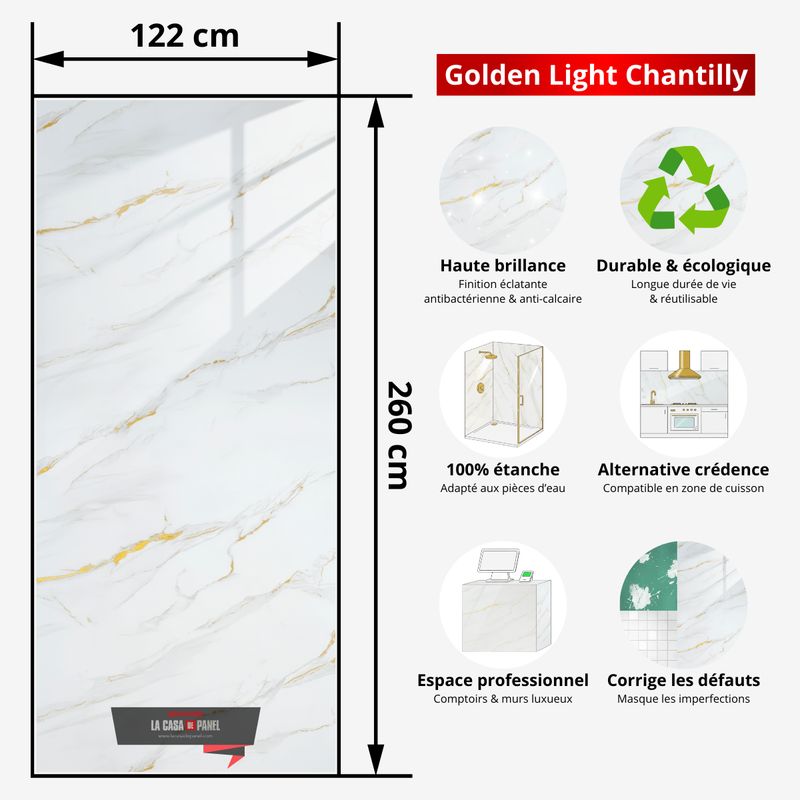 Golden Light Chantilly | Panneau de marbre 3D Blanc Brillant avec Gris & Or | 260x122x0,2cm