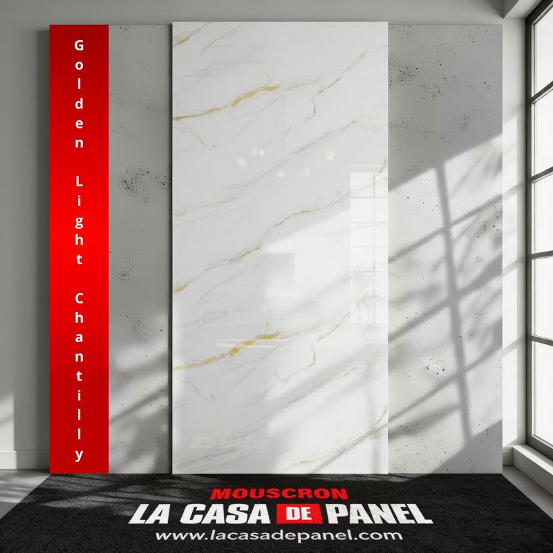 Golden Light Chantilly | Panneau de marbre 3D Blanc Brillant avec Gris & Or | 260x122x0,2cm