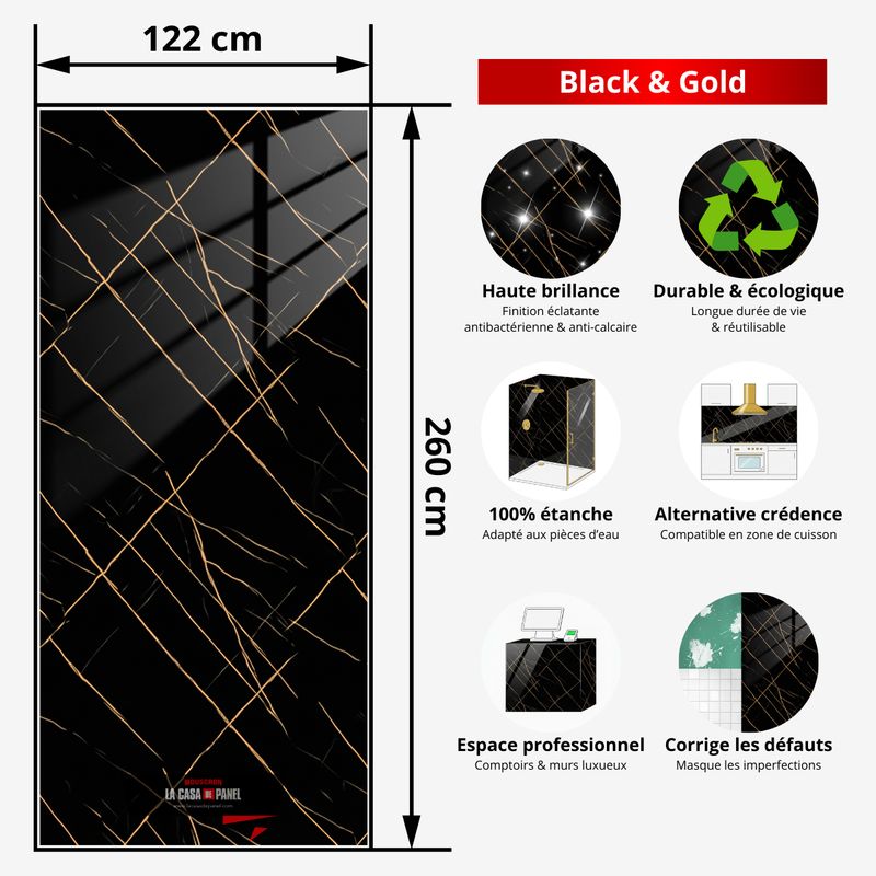 Black & Gold | Panneau de marbre Noir Brillant avec Or | 260x122x0,2cm