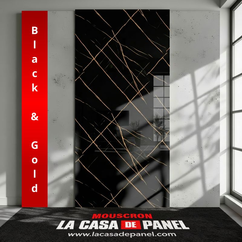 Black & Gold | Panneau de marbre Noir Brillant avec Or | 260x122x0,2cm