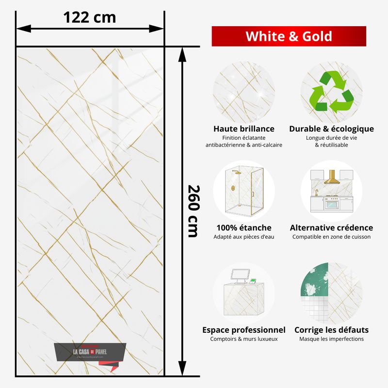 White & Gold | Panneau de marbre Blanc Brillant avec Or | 260x122x0,2cm