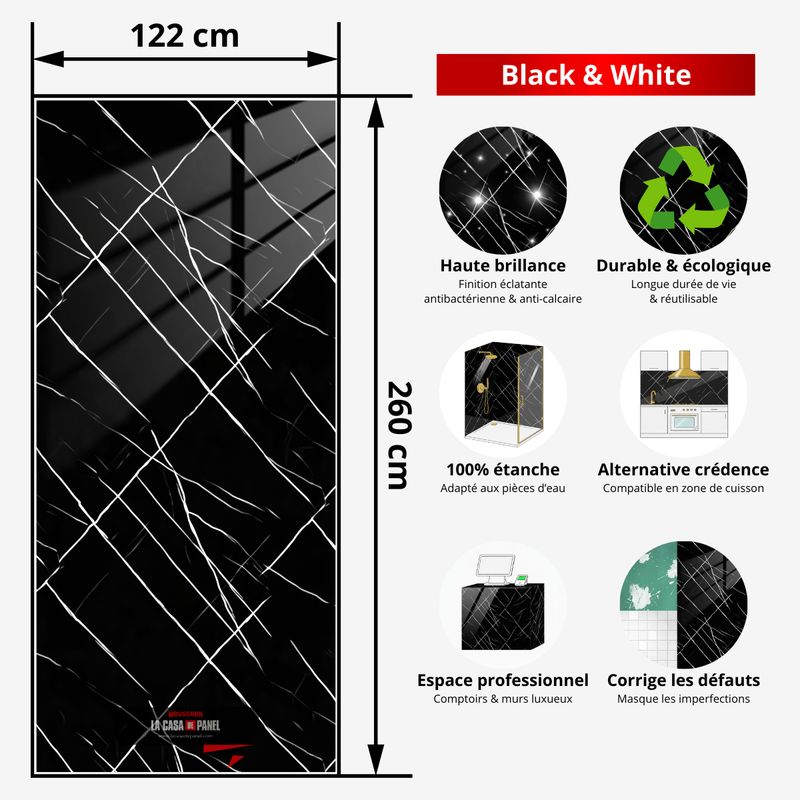 Black & White | Panneau de marbre Noir Brillant avec Blanc | 260x122x0,2cm