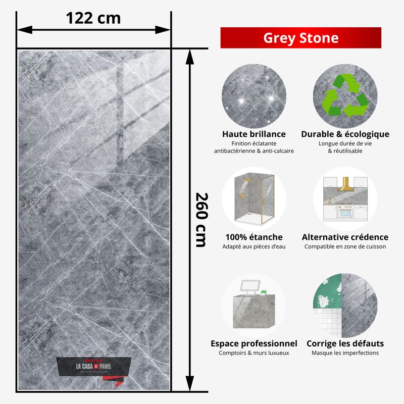 Grey Stone | Panneau de marbre Gris Brillant | 260x122x0,2cm