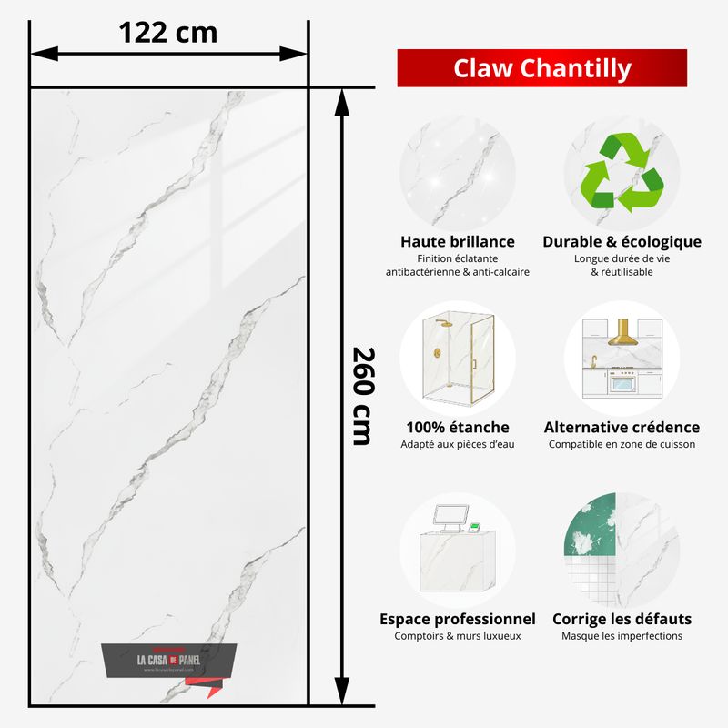Claw Chantilly | Panneau de marbre Blanc Brillant avec Gris | 260x122x0,2cm