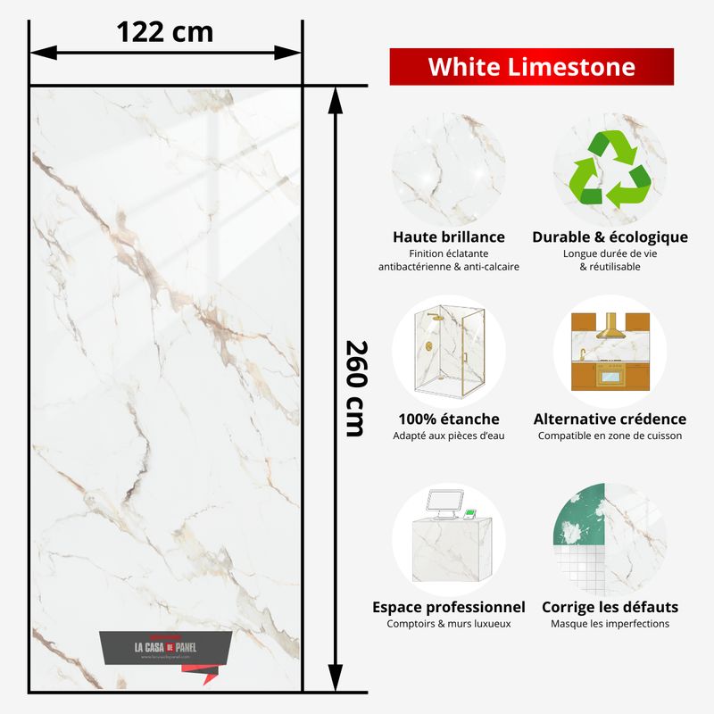 White Limestone | Panneau de marbre Blanc Brillant avec Marron & Gris | 260x122x0,2cm