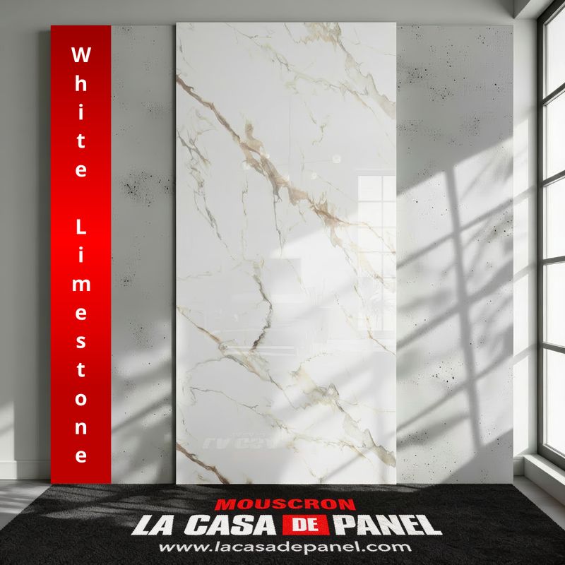 White Limestone | Panneau de marbre Blanc Brillant avec Marron & Gris | 260x122x0,2cm