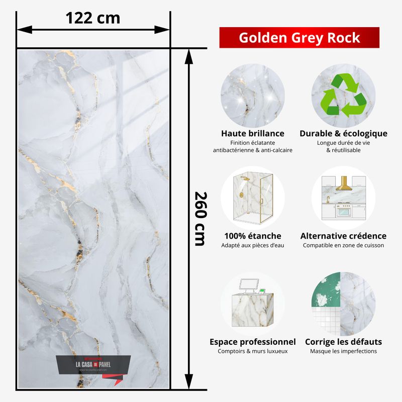 Golden Grey Rock | Panneau de marbre 3D Blanc Brillant avec Gris et Or | 260x122x0,2cm