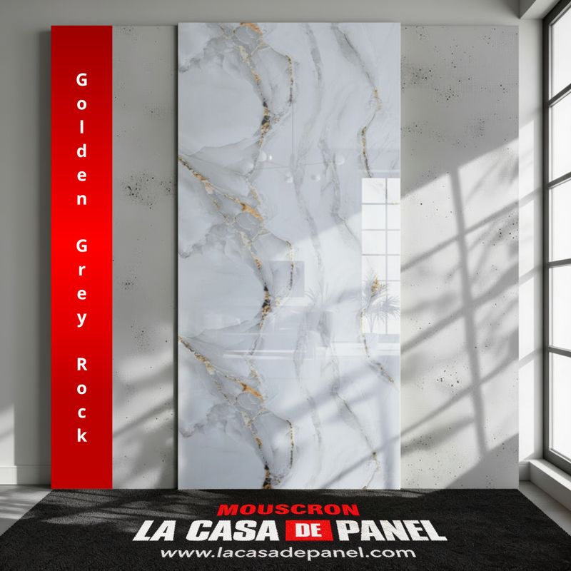 Golden Grey Rock | Panneau de marbre 3D Blanc Brillant avec Gris et Or | 260x122x0,2cm