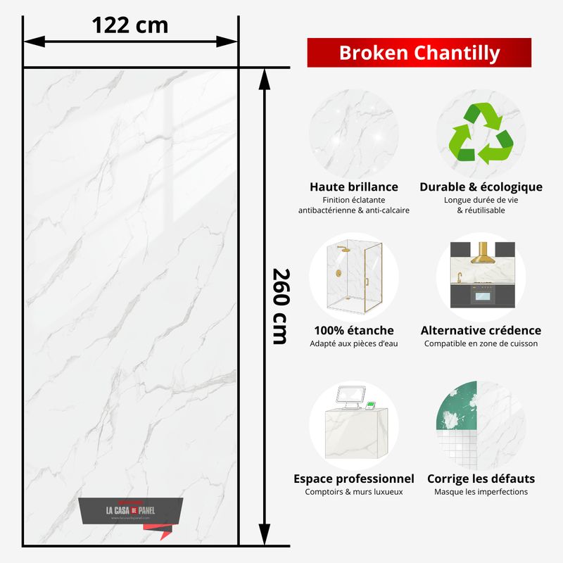 Broken Chantilly | Panneau de marbre Blanc Brillant avec Gris | 260x122x0,2cm