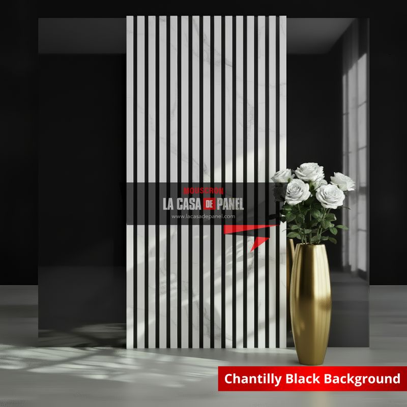 Chantilly Black Background Wood | Tasseau PVC effet mat | Blanc marbré fond Noir | 64x290cm