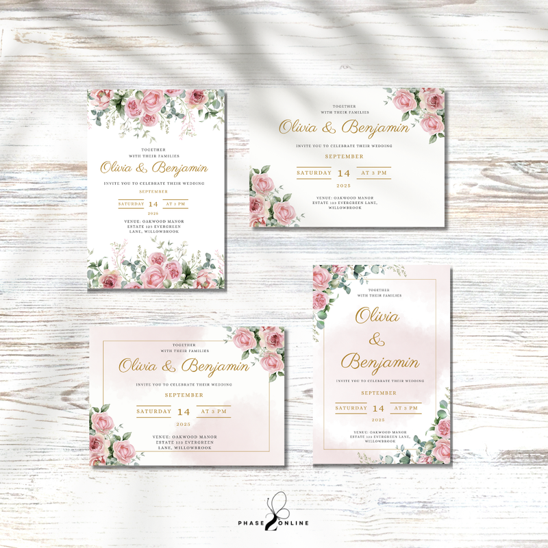 Blush Roses Wedding Invitation Template Bundle