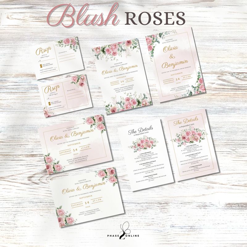 Blush Roses Wedding Invitation Template Bundle