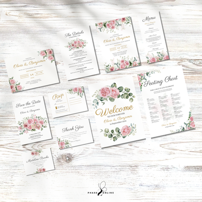 Complete Blush Roses Wedding Bundle–Invitation,RSVP,Details Card,Seating,Welcome,Save the Date,Menu Editable Templates for Instant Download
