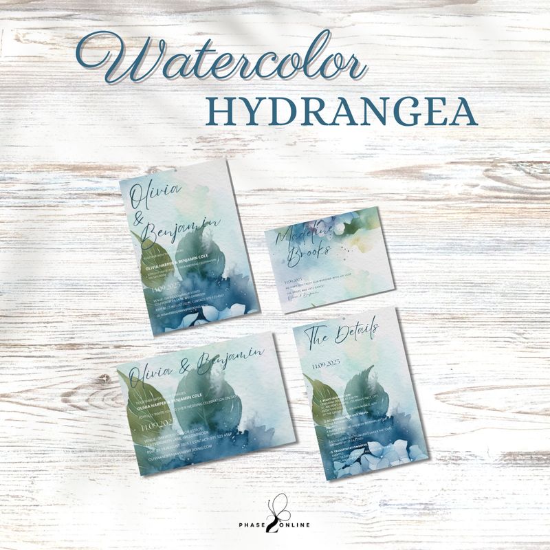 Watercolor Blue Hydrangea Wedding Invitation Template Bundle