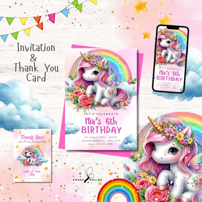 Personalized Invitation &amp; Thank You Card - Unicorn Theme