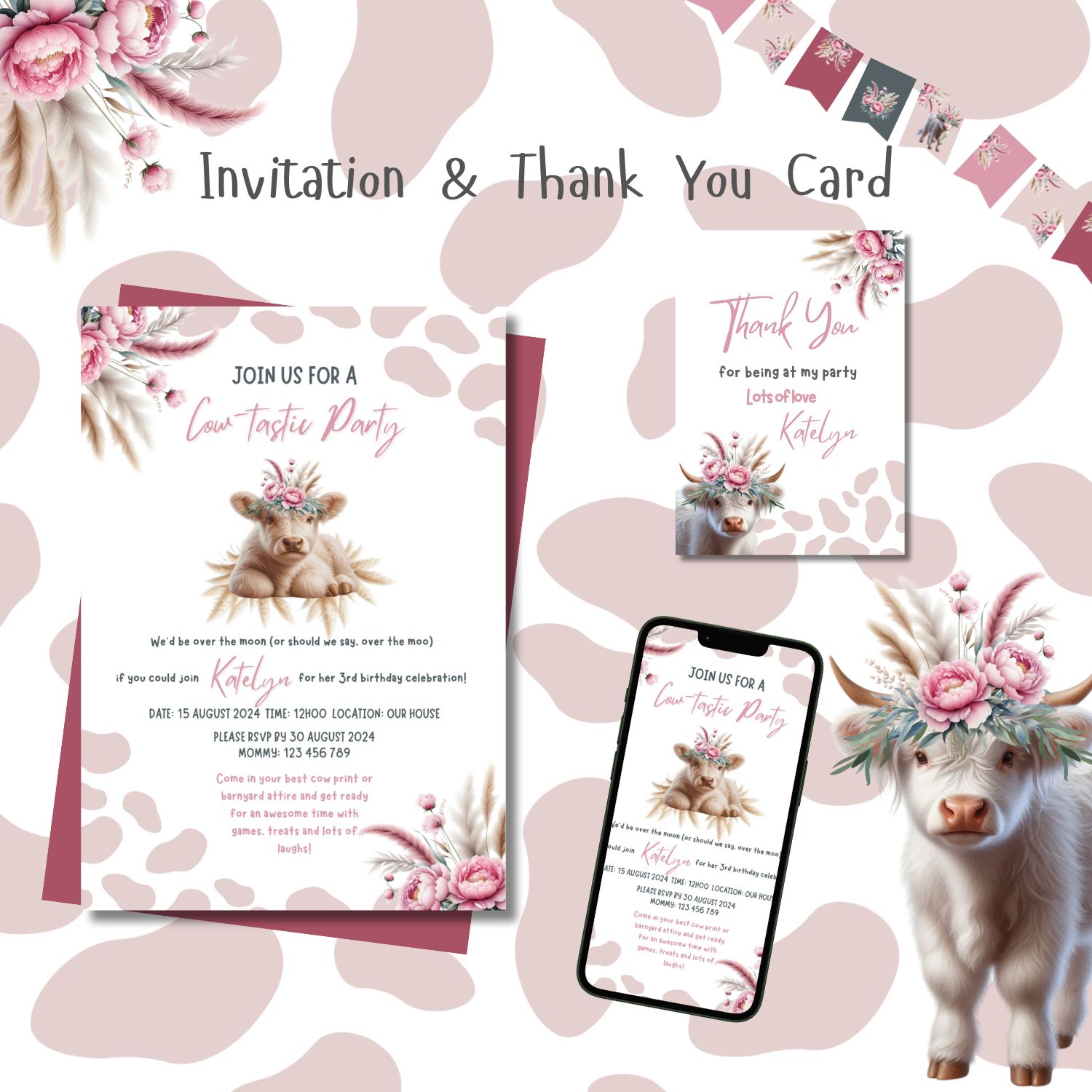 Personalized Invitation &amp; Thank You Card - Highland Cow Theme