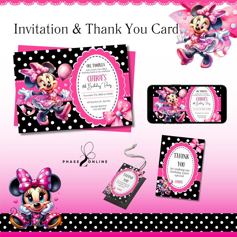 Personalized Invitation &amp; Thank You Card - Minnie Mouse Theme