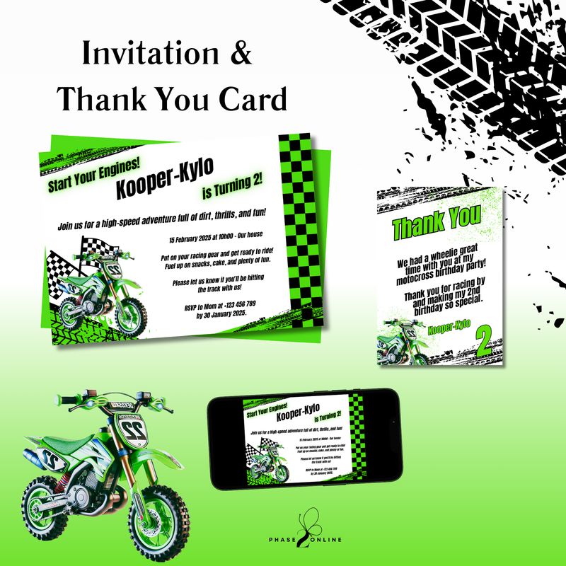 Personalized Invitation &amp; Thank You Card - Motorcross Theme
