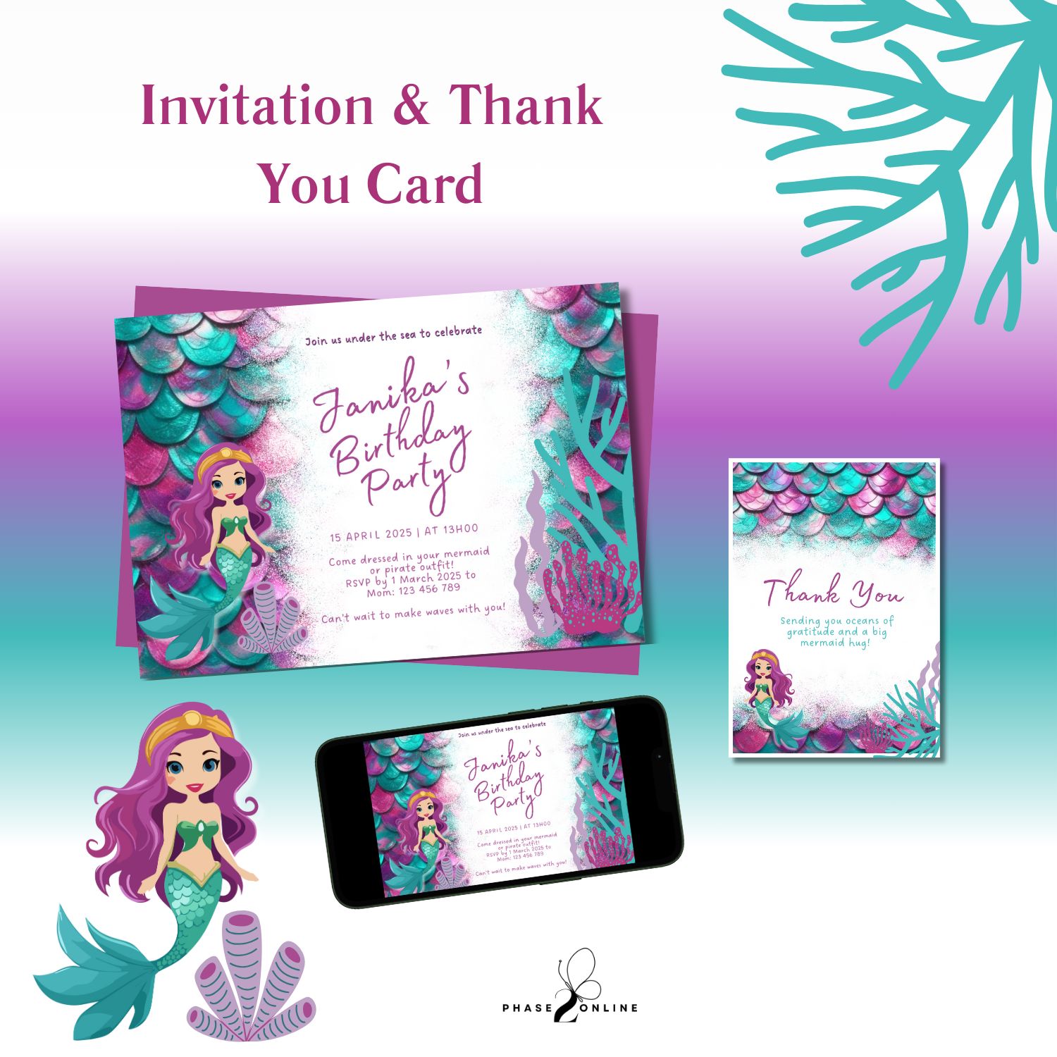 Personalized Invitation &amp; Thank You Card - Mermaid Theme