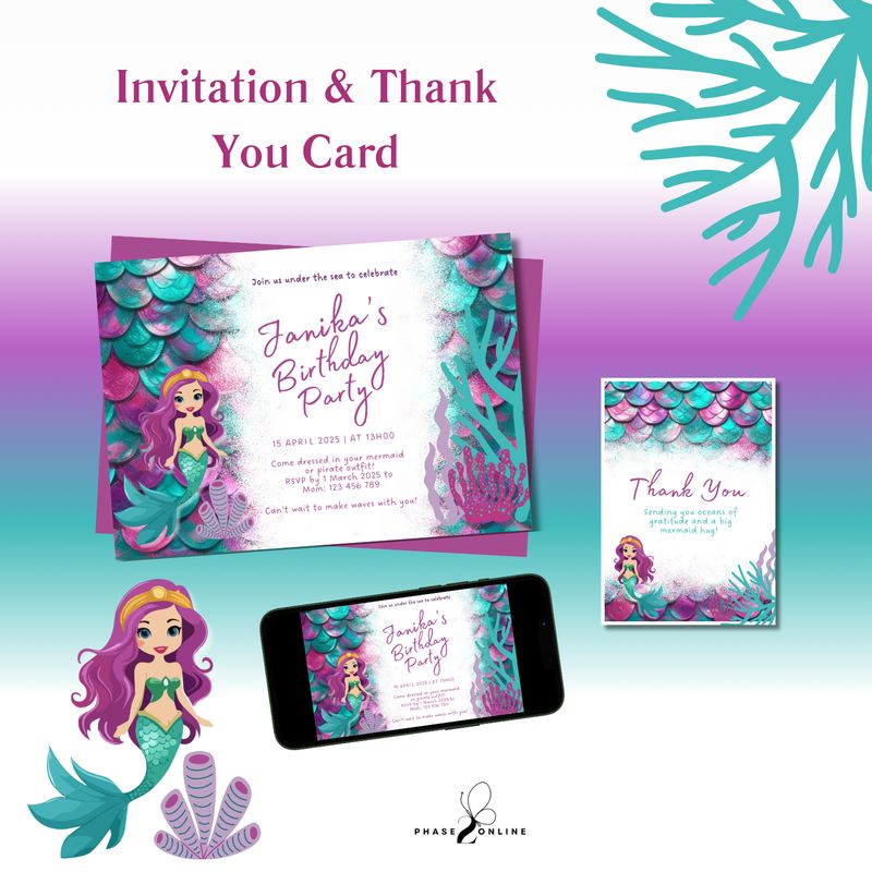Personalized Invitation &amp; Thank You Card - Mermaid Theme