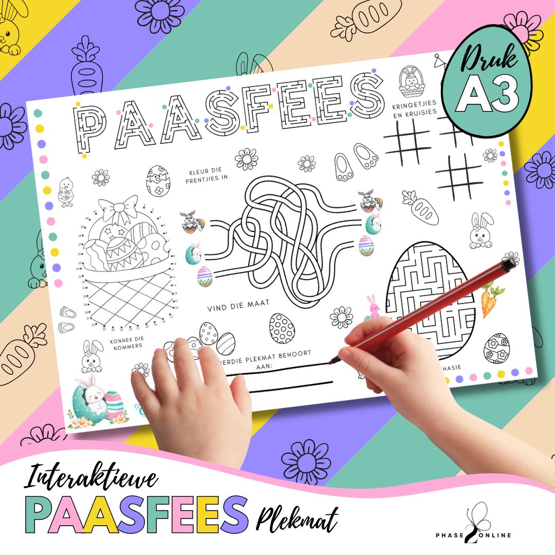Interaktiewe Paasfees Plekmat A3 Formaat - Inkleur en Aktiwiteite vir kinders