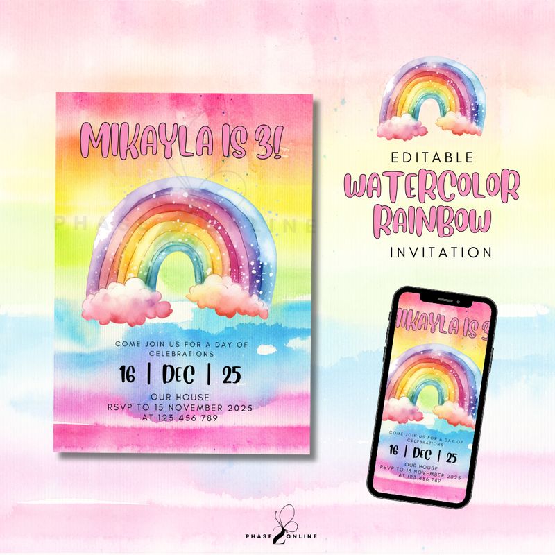 Watercolor Rainbow Birthday Invitation