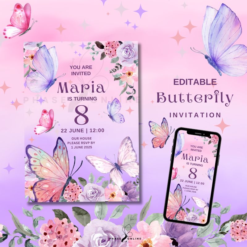 Pink and Purple Butterfly Birthday Invitation