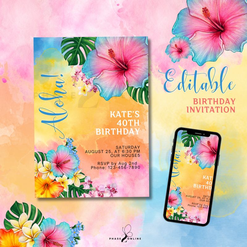 Vibrant Hawaian Birthday Invitation Editable Digital Template