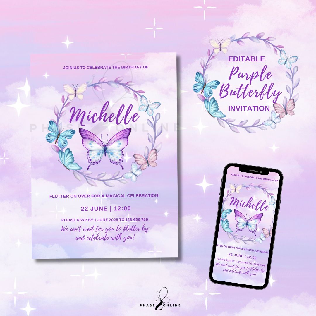 Purple Butterfly Birthday Invitation