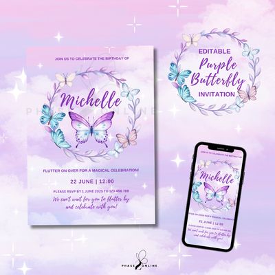 Purple Butterfly Birthday Invitation