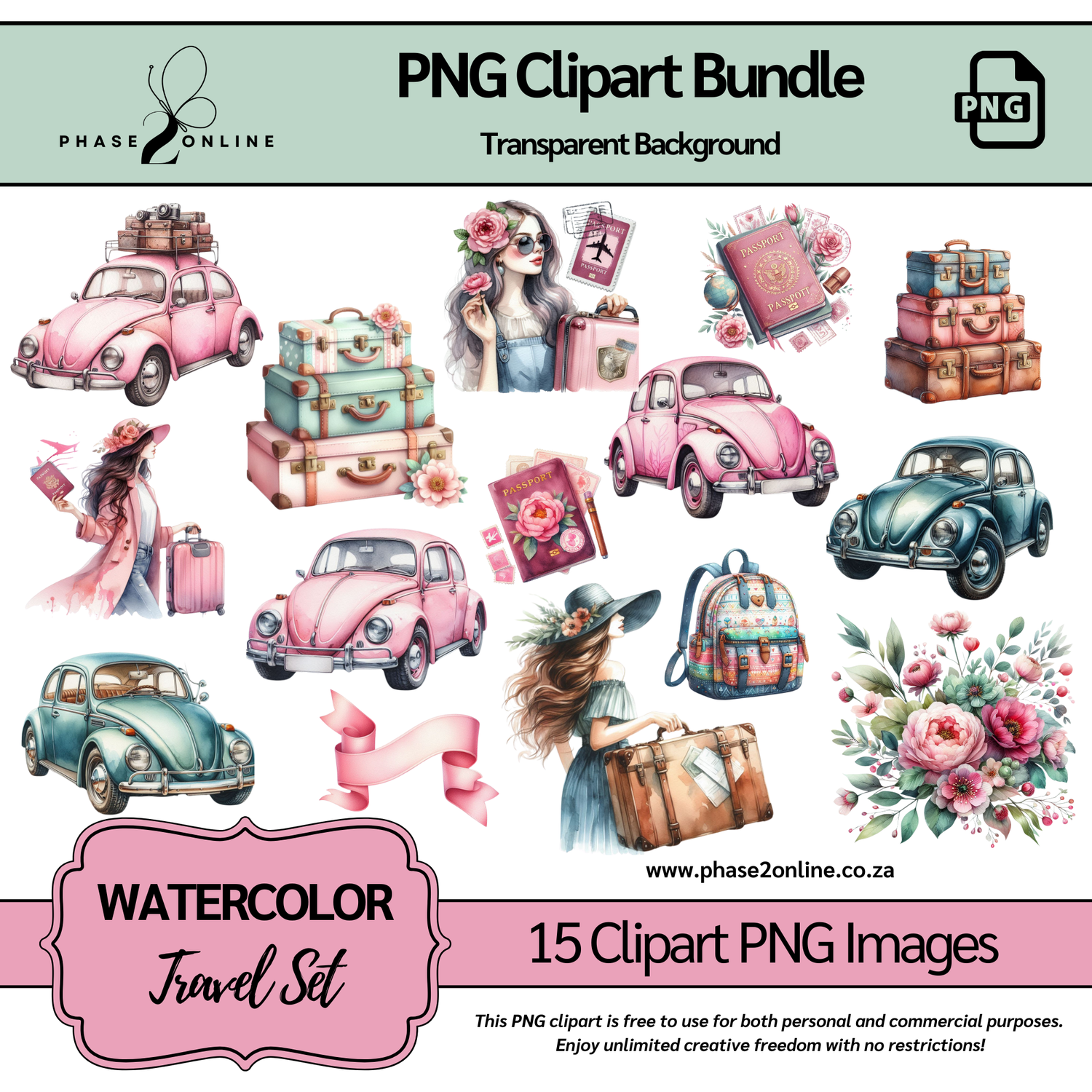 Watercolor Travel Clipart Pink &amp; Mint– High-Quality PNG Designs for Instant Download